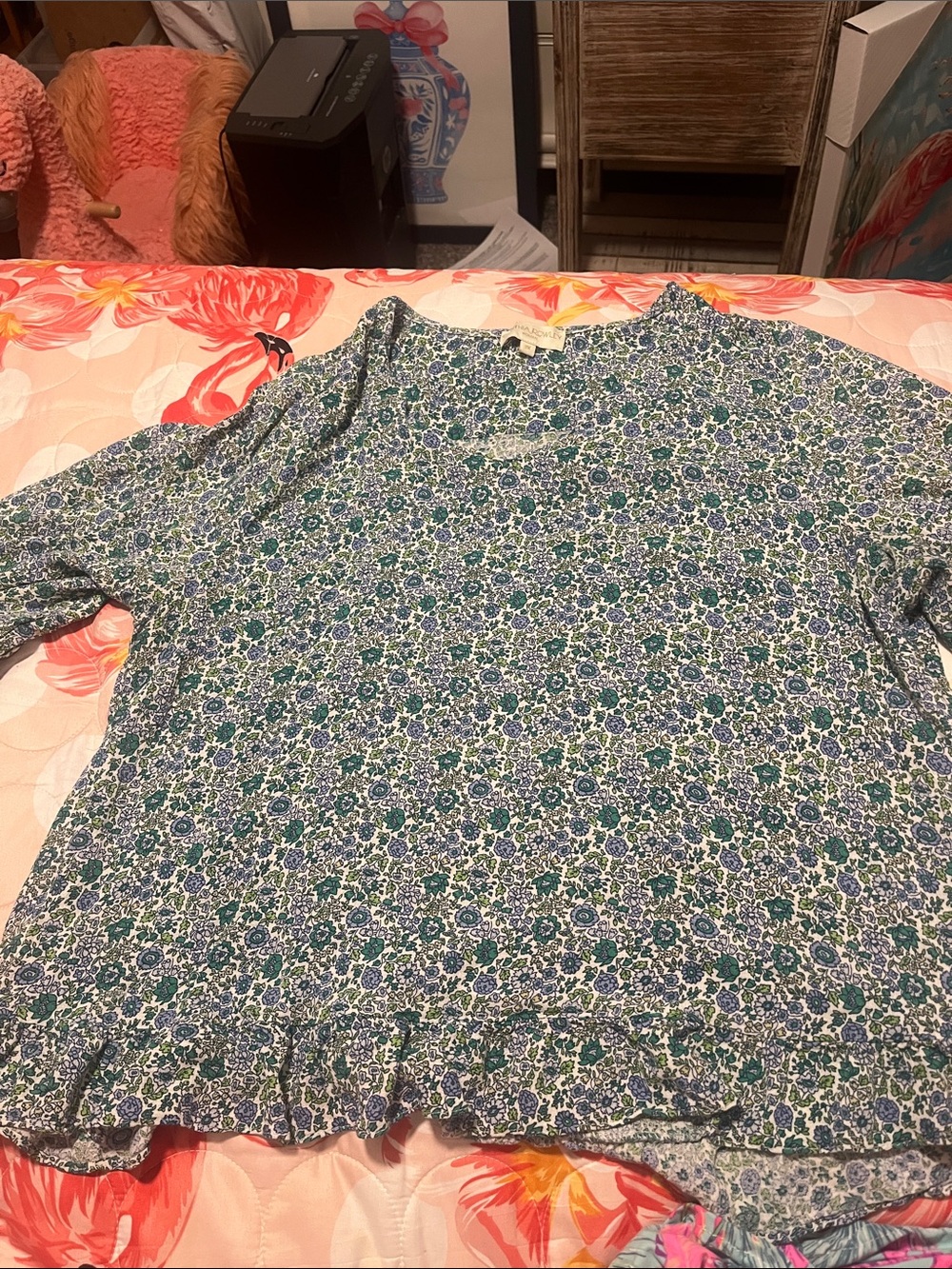 Cynthia Rowley Blue and Green Floral V-Neck Blouse